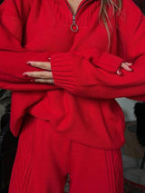 Damen Loungewear Anzug Strickmaterial mit Reißverschluss – Rot