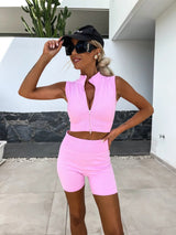 Damen Loungewear Set Rippmaterial Kurzarm Oberteil Radlerhose – Rosa