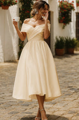 Damen Midi Kleid Schulterfrei Elegant – Beige