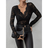 Damen Oberteil Langarm V-Ausschnitt Elegantes Design – Schwarz