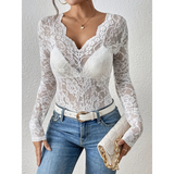 Damen Oberteil Langarm V-Ausschnitt Elegantes Design – Weiß