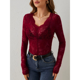 Damen Oberteil Langarm V-Ausschnitt Elegantes Design – Dunkelrot