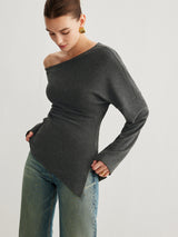 Damen Oberteil Asymmetrisch mit Schlitz und Raffung – Grau