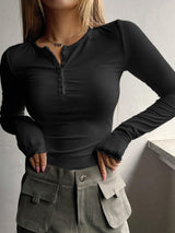 Damen Oberteil Rippstoff Langarm Slim Fit – Schwarz