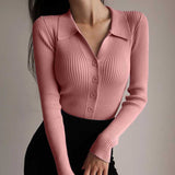 Damen Poloshirt Mit Langen Ärmeln Und Knöpfen, Elegantes Design – Rosa