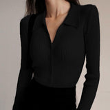 Damen Poloshirt Mit Langen Ärmeln Und Knöpfen, Elegantes Design – Schwarz