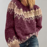 Damen Pullover Baumwolle Grobstrick Rundhalsausschnitt – Weinrot