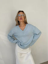 Damen Pullover V-Ausschnitt Baumwolle Lässig – Blau