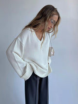 Damen Pullover V-Ausschnitt Baumwolle Lässig – Weiß