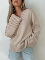 Damen Pullover V-Ausschnitt Baumwolle Lässig – Aprikose