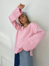 Damen Pullover V-Ausschnitt Baumwolle Lässig – Rosa