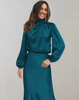 Damen Satin Kleid Lange Ärmel Elegant Fließend – Blau