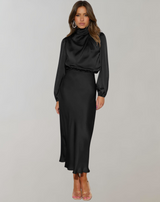 Damen Satin Kleid Lange Ärmel Elegant Fließend – Schwarz