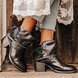 Damen Stiefeletten Leder Vintage Stil mit Schnürung und Blockabsatz – Schwarz