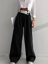 Damen Stoffhose Weite Beinform mit Asymmetrischem Bund – Schwarz
