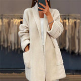 Damen Strickjacke Lang Baumwolle Oversize V-Ausschnitt – Beige