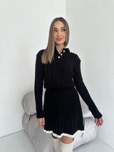 Damen Strickkleid mit Zopfmuster und hochgeschlossenem Kragen – Schwarz