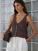 Damen Stricktop Baumwolle V-Ausschnitt – Braun