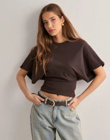Damen T-Shirt Mit Weiten Ärmeln Aus Hochwertiger Baumwollmischung – Braun