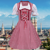 Damen Trachtenkleid Baumwolle Traditionell Karomuster mit Rüschen – Rot