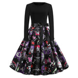 Damen Halloween-Kleid mit Print | Langarm & Ausgestellter Schnitt – Schwarz 1