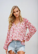 Damenbluse Baumwolle Blumenmuster Casual Elegant – Rosa