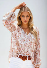 Damenbluse Baumwolle Blumenmuster Casual Elegant – Weiß