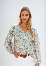 Damenbluse Baumwolle Blumenmuster Casual Elegant – Grün