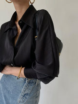 Damenbluse Baumwollmix Oversized Casual – Schwarz