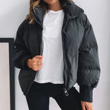Damenjacke Cropped Pufferjacke Polyester Stehkragen – Schwarz