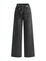 Damenjeans Denim Asymmetrische Taille Weit – Schwarz