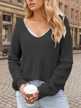 Damenpullover V-Ausschnitt Strick Warm und Elegant – Schwarz