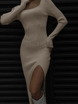 Celestia l Elegante quadratische Hals, gestricktes Kleid mit langen Ärmeln – Khaki