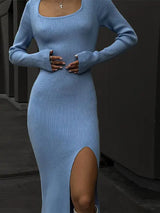 Celestia l Elegante quadratische Hals, gestricktes Kleid mit langen Ärmeln – Blau