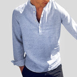 Henley-Hemd aus Baumwollstrickstruktur-Leinenmischung mit Bandkragen – Blau