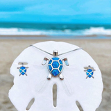 Meeresschildkröte Halskette + Ohrringe Set in Opal und Silber – Blau