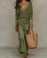 Nelena - Elegantes Midikleid Mit Pullover – Armeegrün