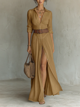 Yarae - Plissiertes Maxikleid mit Knopfleiste in lockerer Passform – Braun
