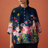 Blumenmuster Bluse mit langen Ärmeln und Kragen für Damen | Viona – Dunkelblau