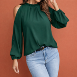 Damenbluse mit Rüschenkragen und offenen Schultern für elegante Outfits | Elinor – Dunkelgrün