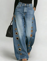 Weite Denim-Hosen mit goldenen Ösen-Seitenausschnitten – Blau
