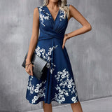 Lenibelle – Ärmelloses A-Linien-Kleid mit V-Ausschnitt und Blumendruck – Marineblau