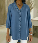 Grace – Weiche Bluse mit Rüschen und V-Ausschnitt – Blau