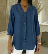 Aelyssa - Soft-Touch-Bluse mit Rüsche am V-Ausschnitt – Dunkelblau