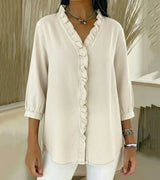 Grace – Weiche Bluse mit Rüschen und V-Ausschnitt – Aprikose