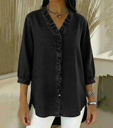 Grace – Weiche Bluse mit Rüschen und V-Ausschnitt – Schwarz