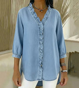 Aelyssa - Soft-Touch-Bluse mit Rüsche am V-Ausschnitt – Hellblau
