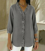 Grace – Weiche Bluse mit Rüschen und V-Ausschnitt – Grau