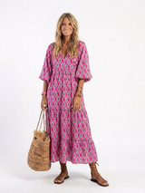 Apolline | Midi-Kleid mit dreiviertel Ärmeln und V-Ausschnitt im Muster – Lila