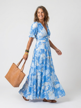 Ione | Kurzes Ärmels V-Ausschnitt Blumen Midi Kleid – Himmelblau